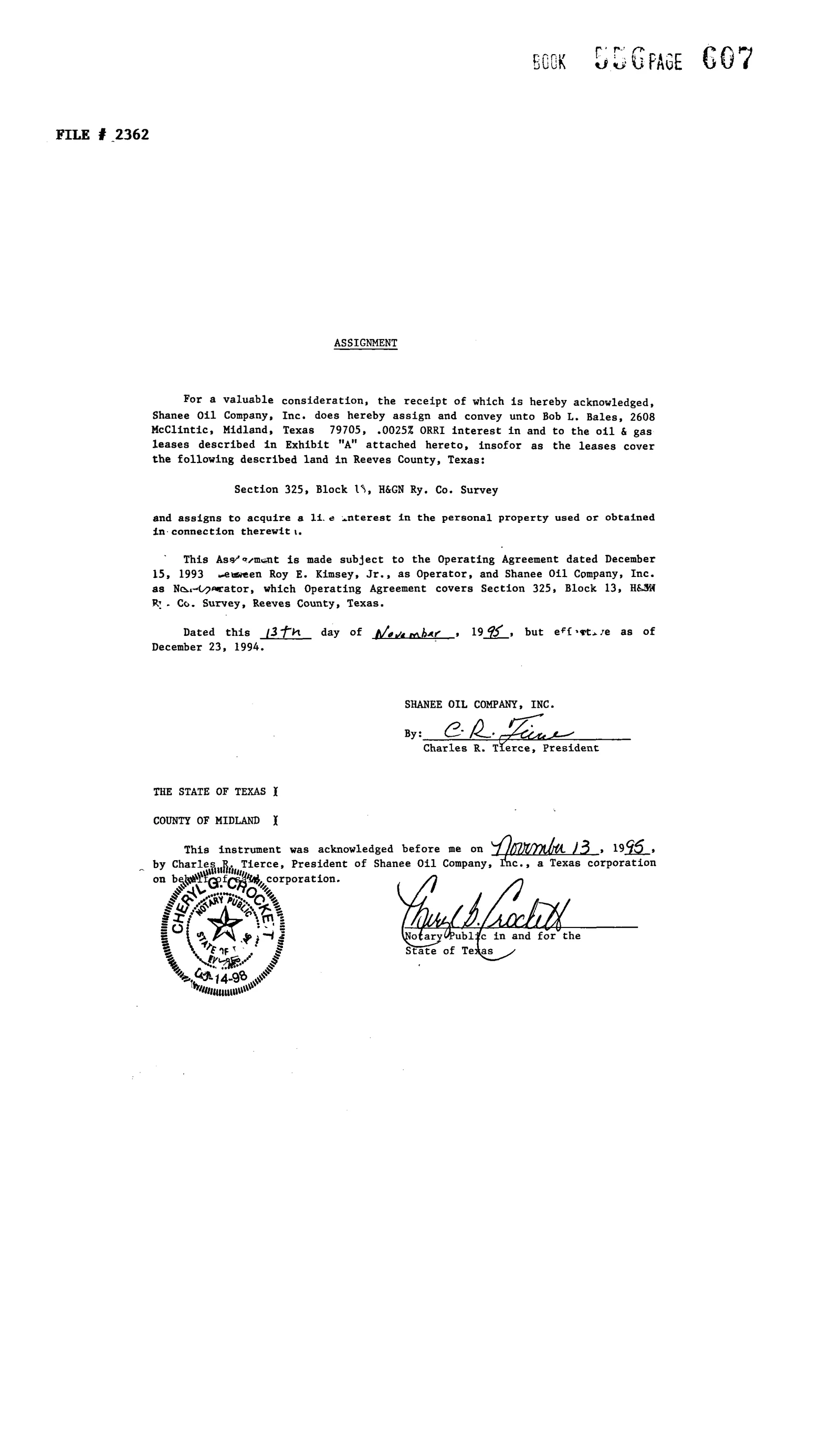 Shanee Oil Co Inc. - Recorded Asgn (Doc #20671634)